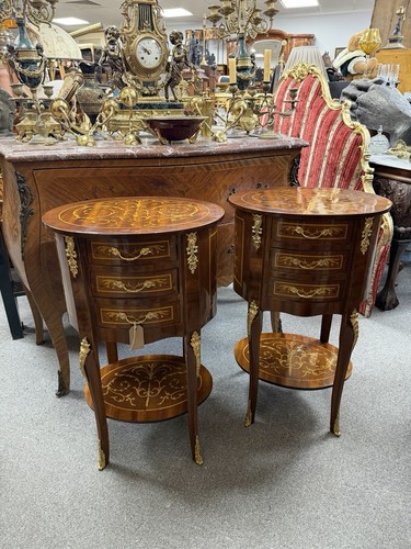 Pair oval marquetry bedside - marquetry,
