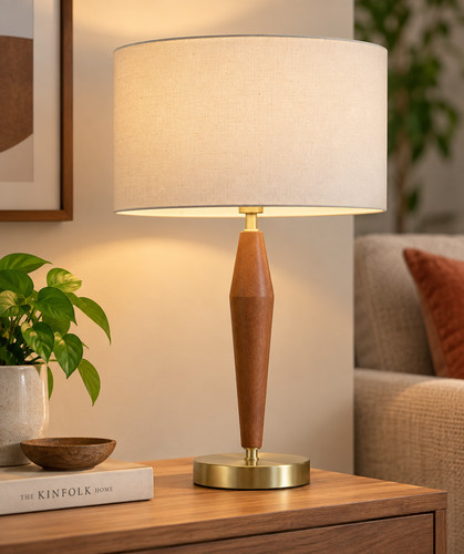 Walnut wood brass table - table, lamp